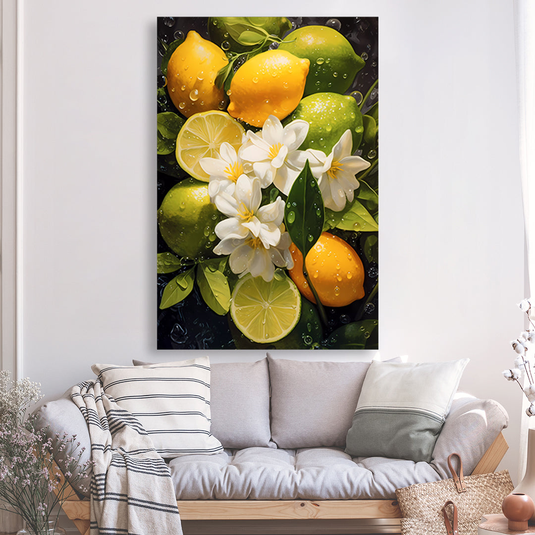 Citrons verts et jaunes et fleurs de citronnier