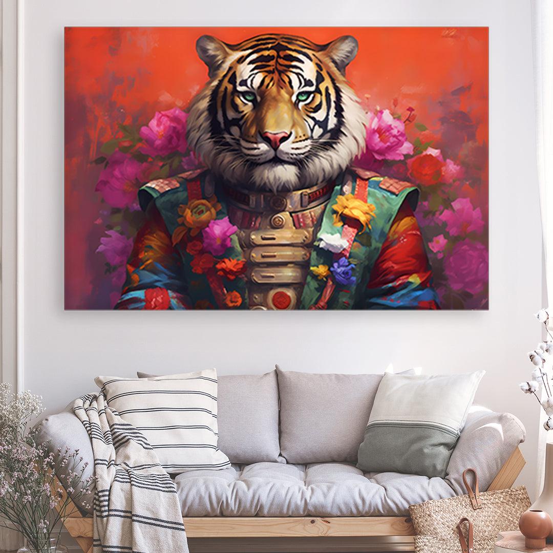 Tableau Tigre Diplomate Fleuri - Grand Format XXL | Mindstardust
