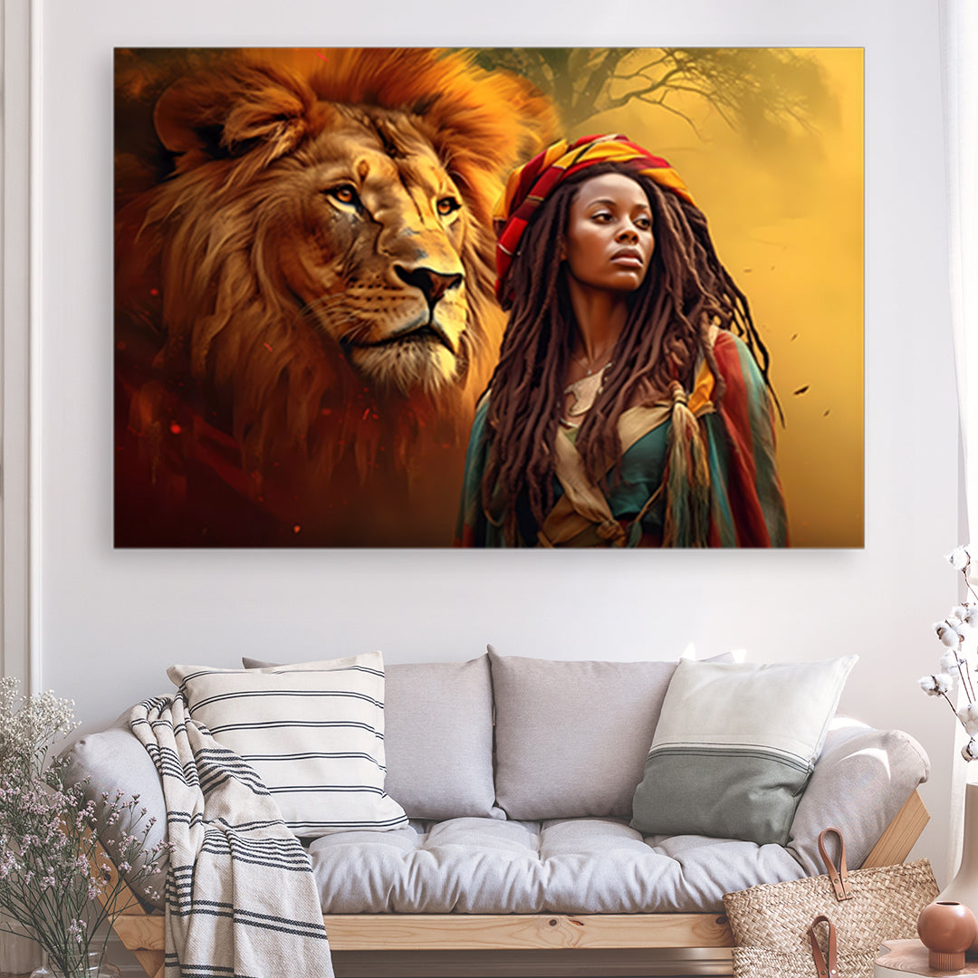 Femme africaine et son lion