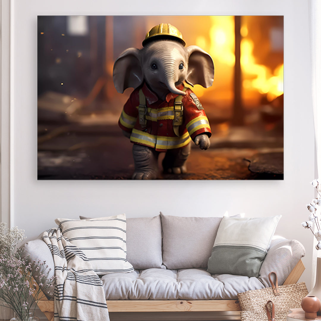 Tableau Bébé Éléphant Pompier - Grand Format XXL | Mindstardust