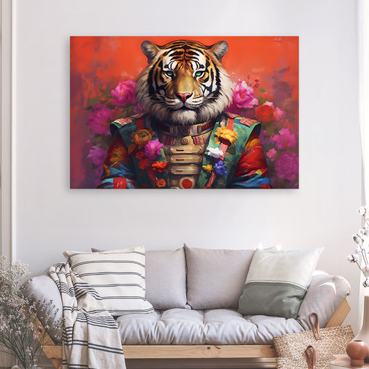 Tableau Tigre Diplomate Fleuri - Grand Format XXL | Mindstardust