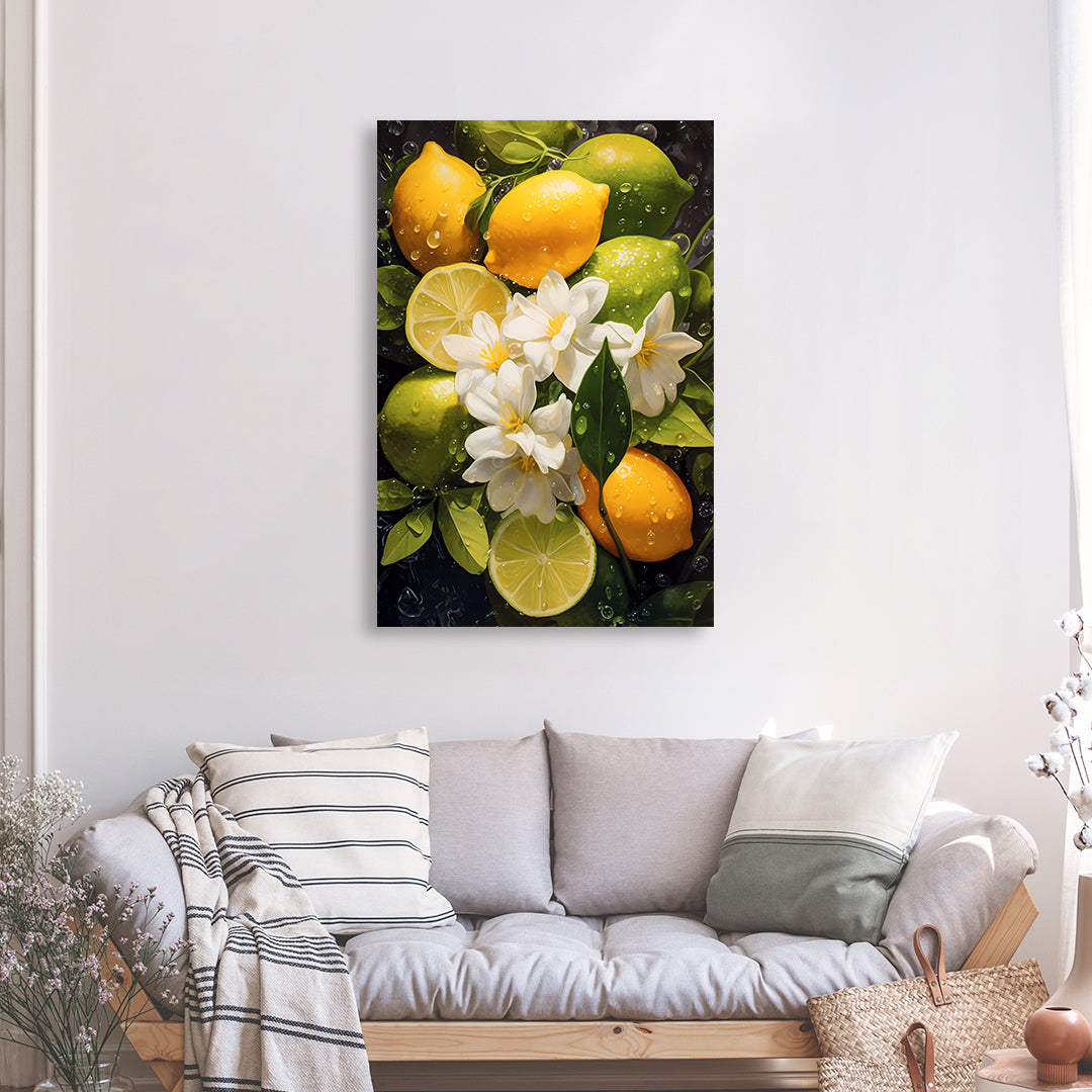 Citrons verts et jaunes et fleurs de citronnier